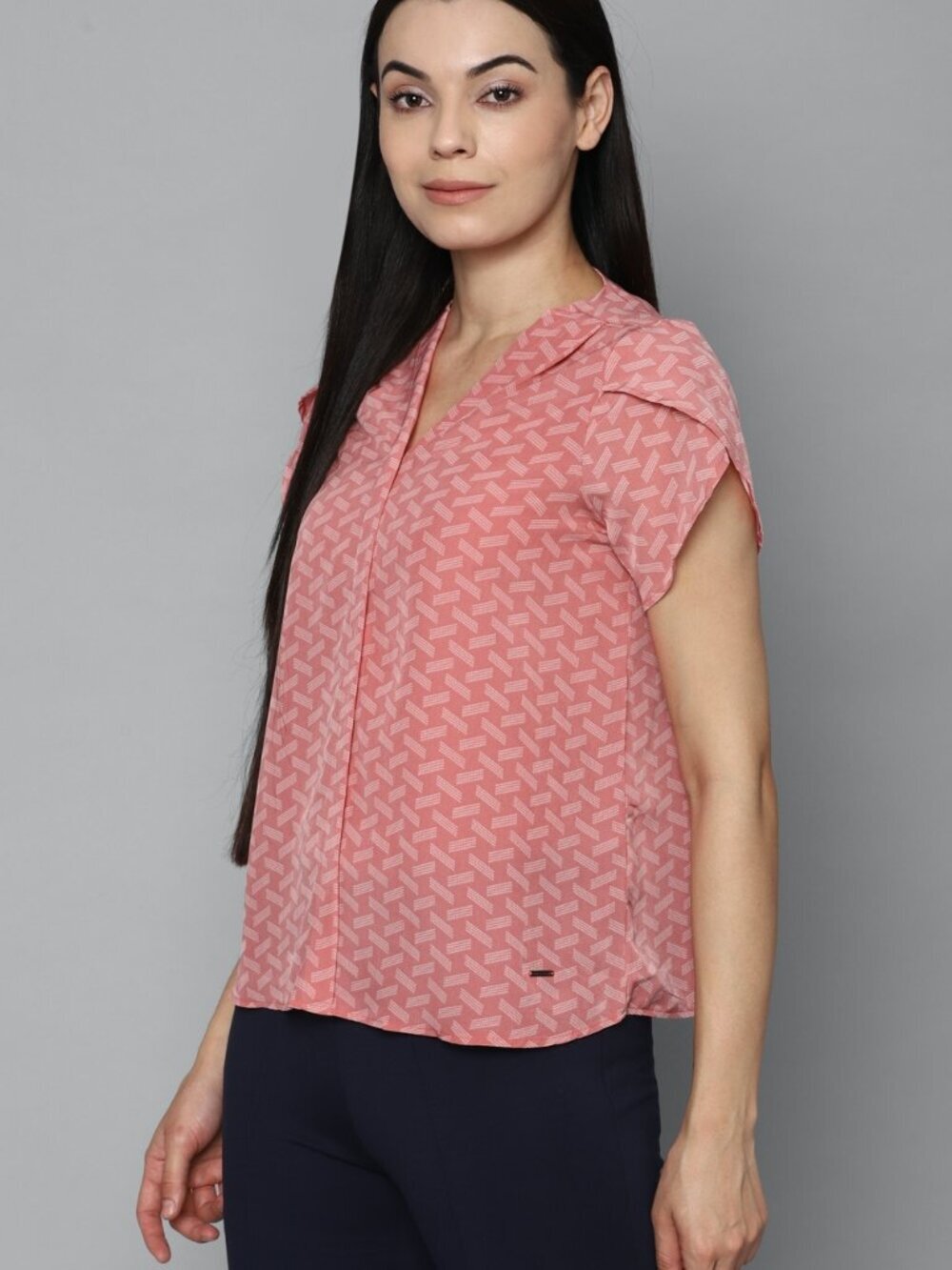 Allen Solly Pink Geometric Print Split Neck Blouse Short Sleeve Top Size L - Picture 3 of 10